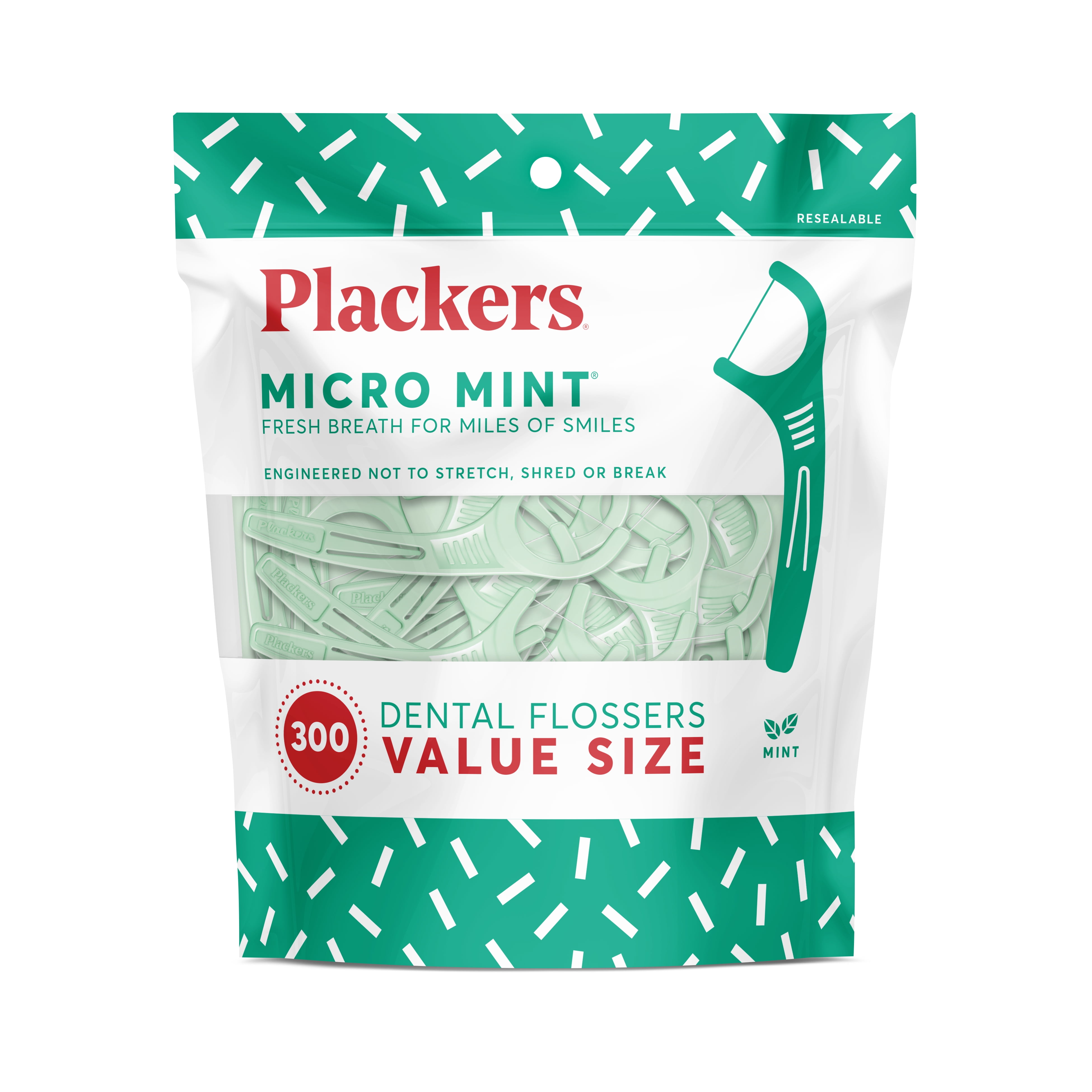 Plackers Micro Mint Dental Flossers, Fold-Out Toothpick, Super Tuffloss, Easy Storage with Sure-Zip Seal, Fresh Mint Flavor, 300 Count