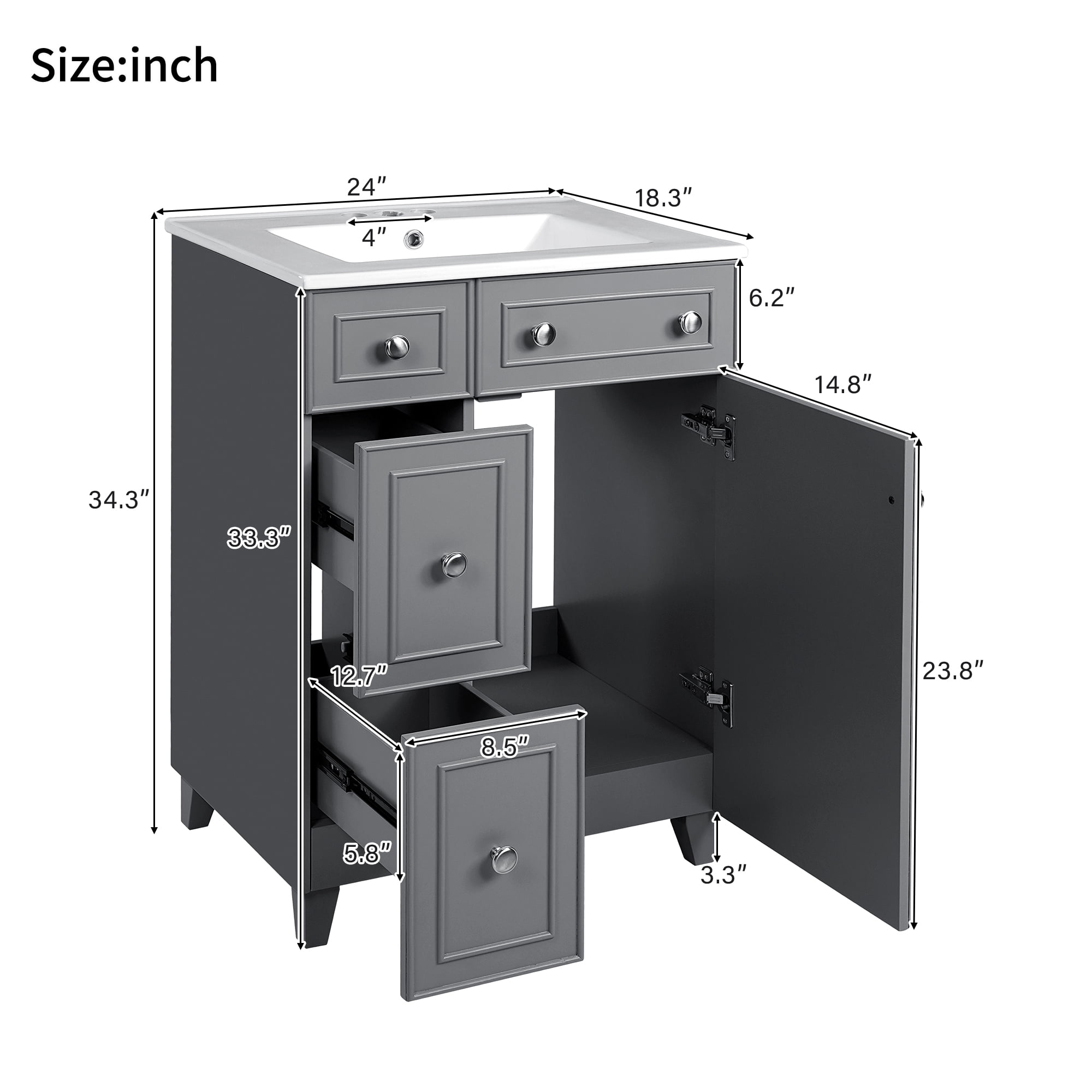 Harper & Bright Designs 24" Small Bathroom Vanity Sink Combo with 2 Drawers and Soft-Close Door, Gray