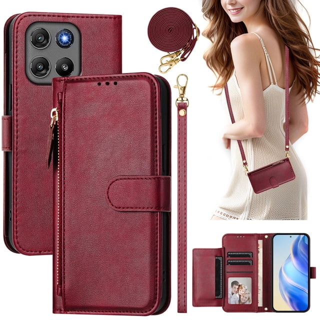 Flip Case for GANGXUN Motorola Moto G67/G57 Power 5G Multi-Card Zipper Folio with Wrist & Crossbody Strap, PU Leather Shockproof Flip Cover