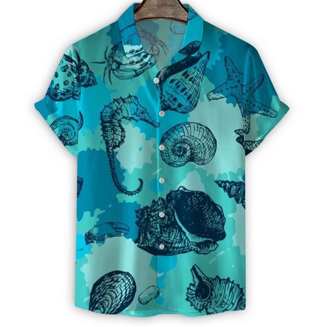 Cartoon Sea Animals Fish 3d Print Shirt Men StarShells Pattern Short Sleeve Tees Fashion Summer Button Lapel Blouse Tops