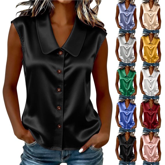 FchengtaiS Button Down Sleeveless Shirts Women Peter Pan Collar Satin Blouses Summer Business Casual Loose Tank Tops