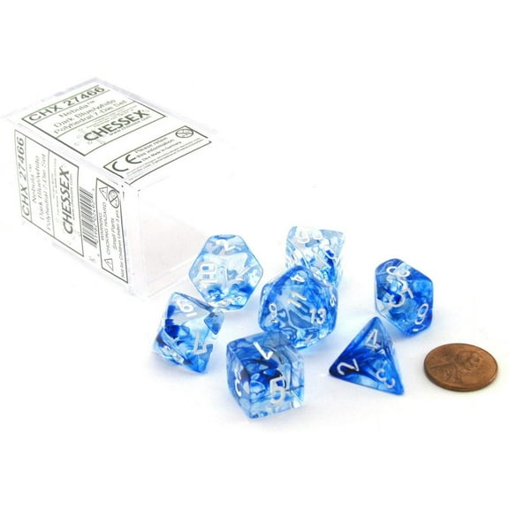 Polyhedral 7-Die Nebula Dice Set - Dark Blue with White