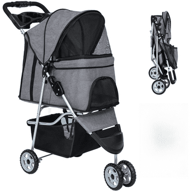 Stroller Dog Cat Jogger Stroller for Medium Small Dogs Cats Folding Lightweight Travel Stroller with Cup Holder (Grey, 3 Wheels)