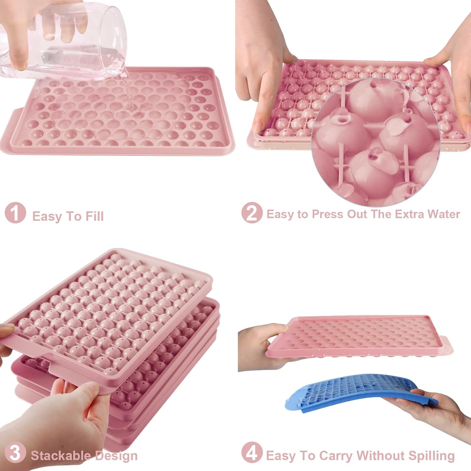 Mini Ice Cube Trays, Upgraded Small Trays Easy Release, 104x4 PCS Tiny Tray Crushed for Chilling Drinks Coffee Juice(4Pack Pink trays & Bin Scoop)