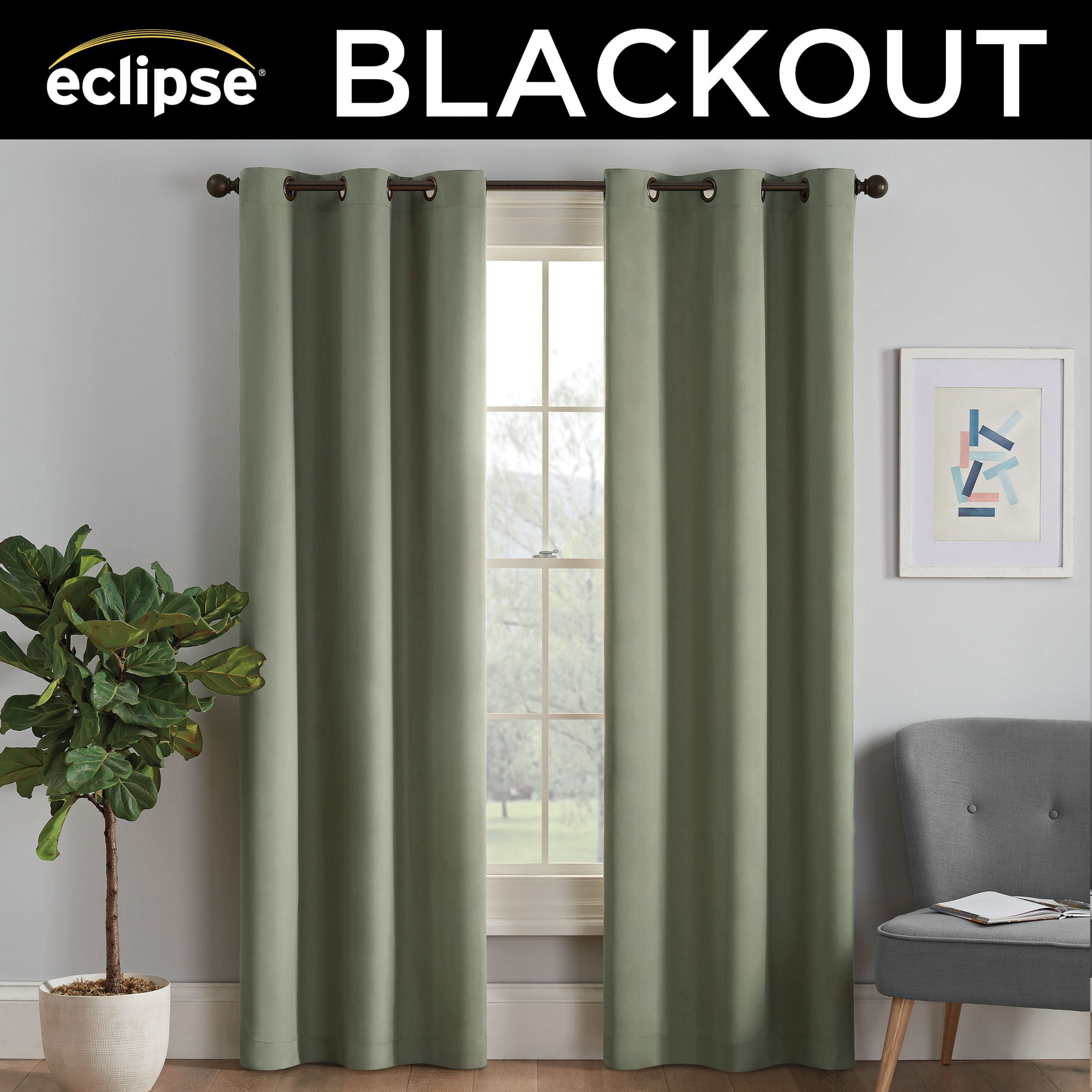 Eclipse Microfiber Blackout Grommet Curtains, Solid Thermaback Window Curtains (1 Panel), 42 In wide x 63 In long, Moss