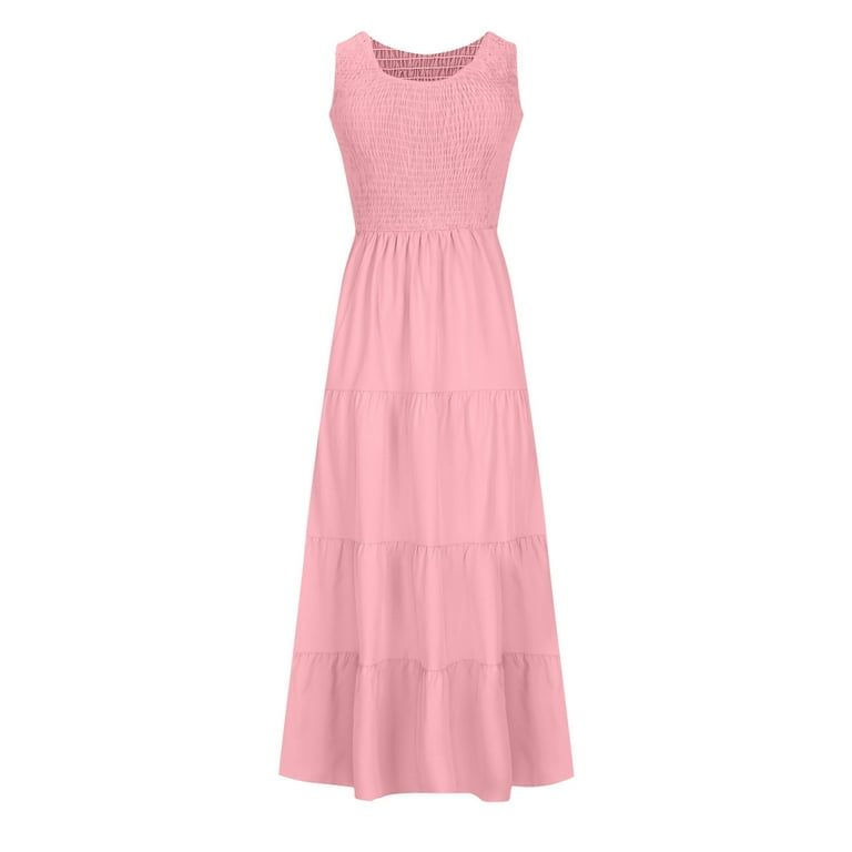 Elegant Sleeveless Floral Solid Color Long Dress Fashion Elastic Waist Beach Party Dress Pink / S Elegant Sleeveless Floral Solid Color Long Dress Fashion Elastic Waist Beach Party Dress Pink / S