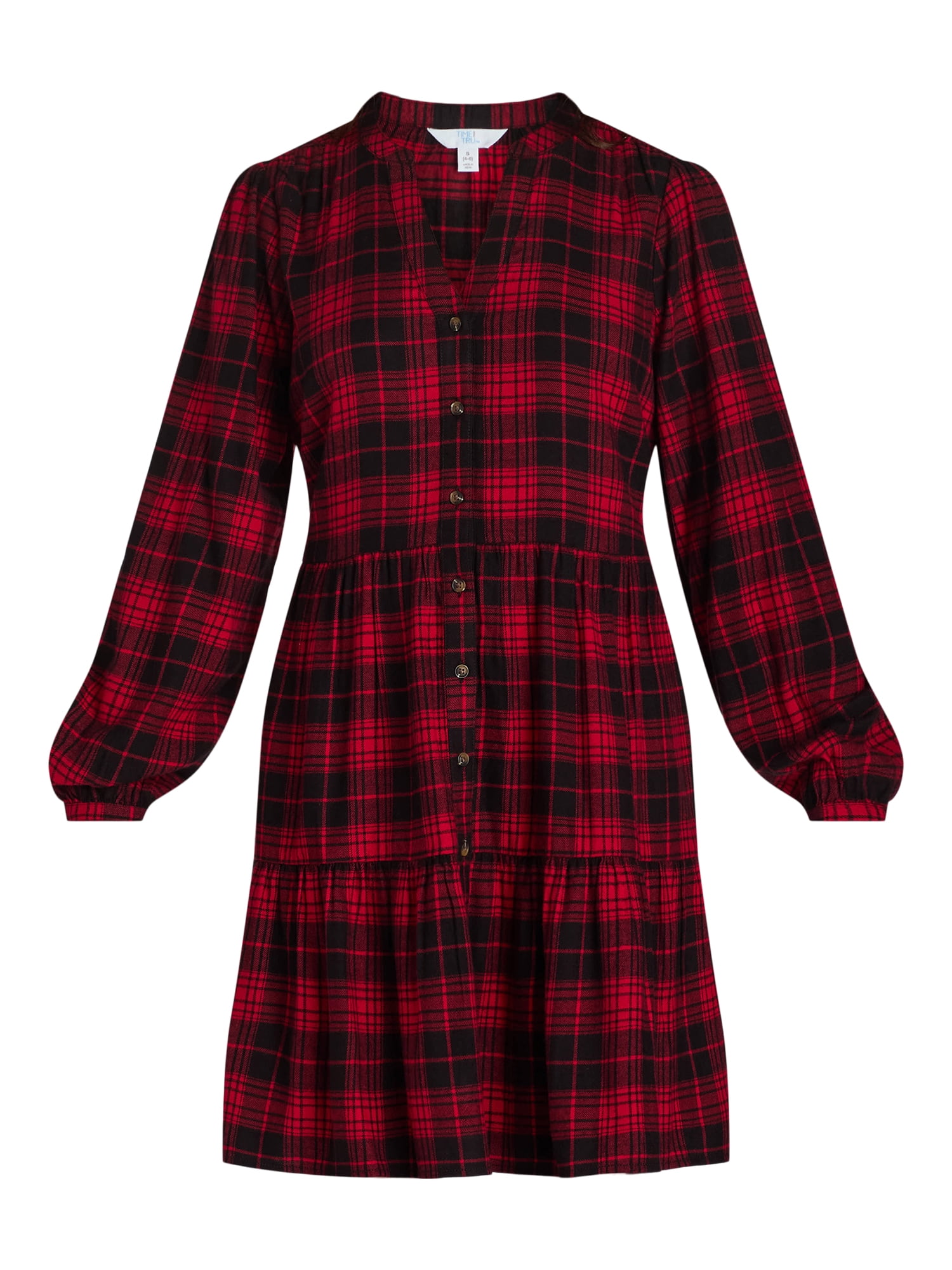 Time And Tru Women's and Women's Plus Tiered Plaid Shirt Dress, Sizes XS-4X