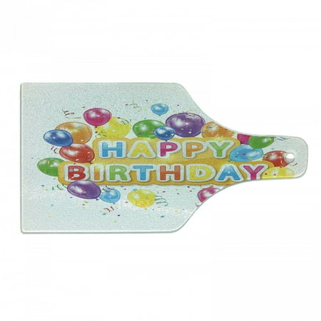 

Birthday Cutting Board Words Happy Celebration Vivid Balloons Rain Blithesome Happy Day Decorative Tempered Glass Cutting and Serving Board Wine Bottle Shape Multicolor by Ambesonne
