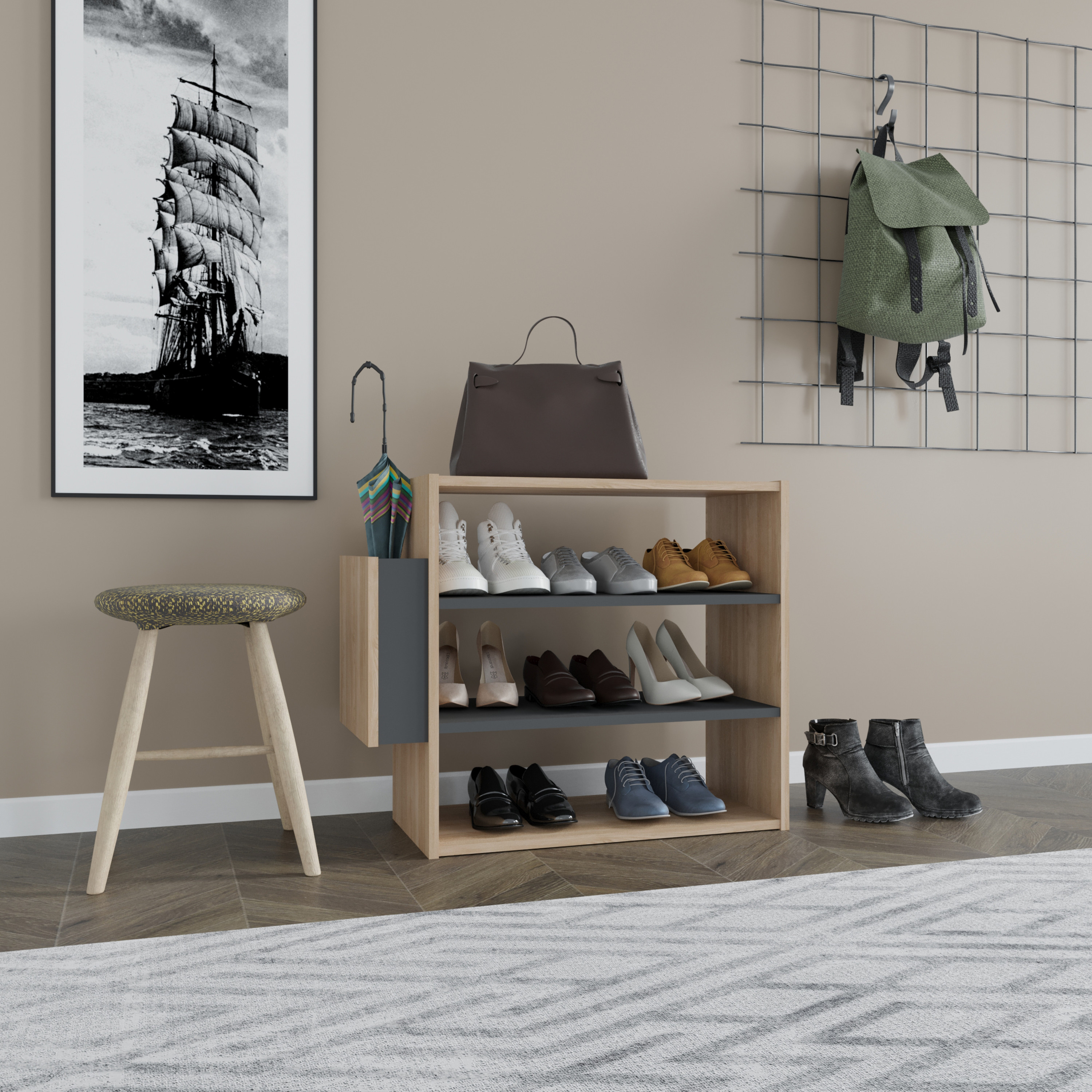 Ada Home Decor Furniture 3 Tier 9 Pair Oak Anthracite Manila Modern Shoe Rack