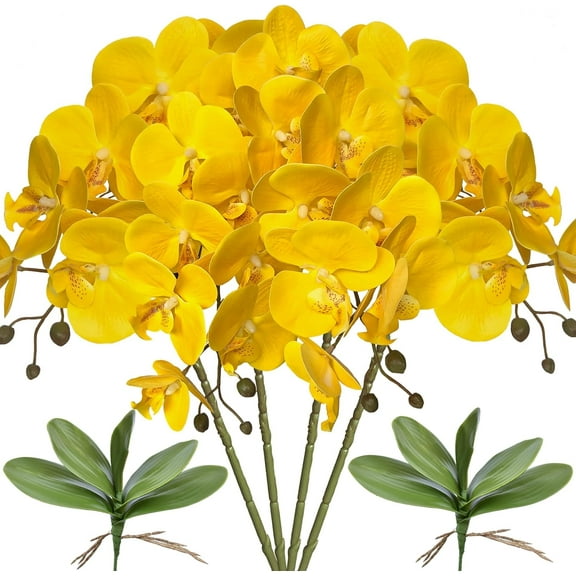 3Artificial Phalaenopsis Flowers with Leaves Artificial Orchid Flowers Stem Plants Fake Butterfly Phalaenopsis Flowers for Home Wedding Party Décor (Yellow)