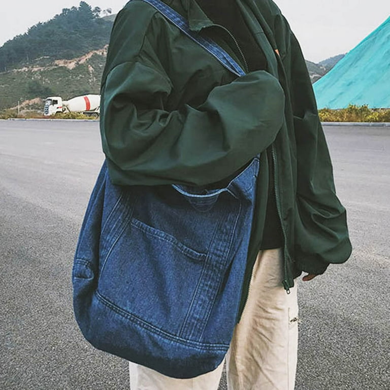OSALADI Denim Fabric Handle Bag - Large Capacity Tote Shoulder Bag For Shopping & Travel, Light Blue