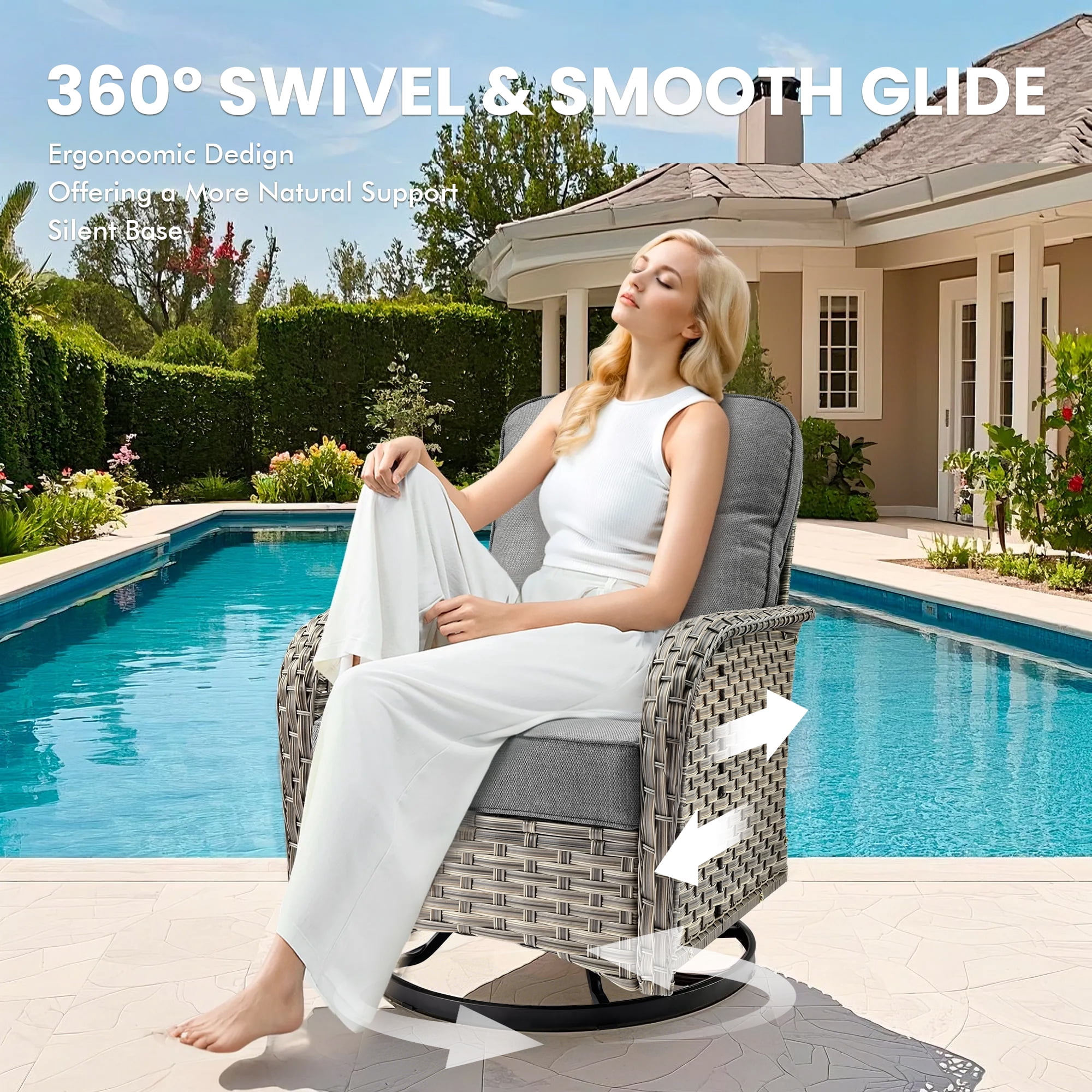 XIZZI Patio Furniture Outdoor Conversation Set with Wide Armrests, Wicker Rattan Patio Outdoor sectional with Firepit Table and Swivel Rocking Chair,Dark Grey