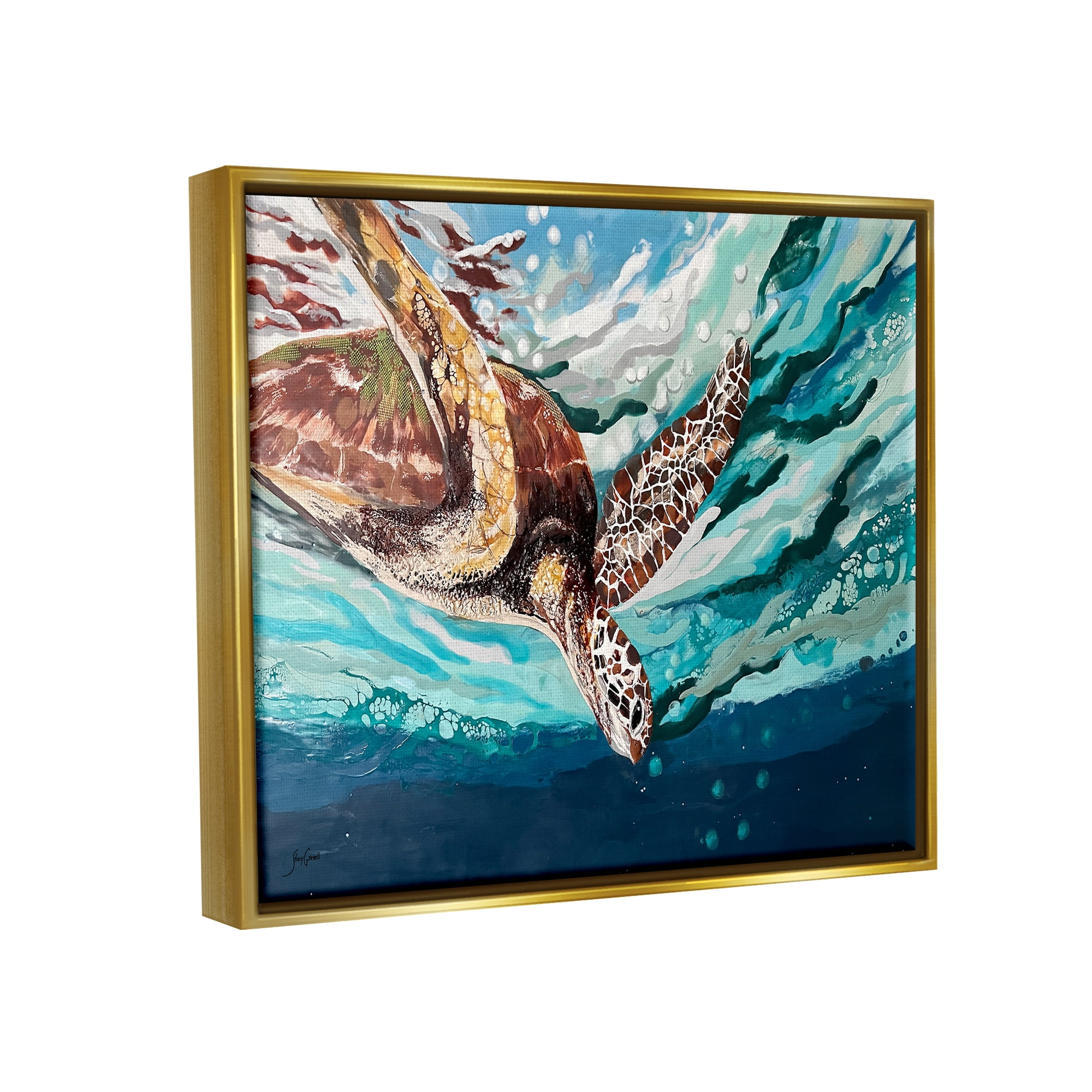 Stupell Industries Splashing Sea Turtle Diving Below Ocean Surface Painting Metallic Gold Floating Framed Canvas Print Wall Art, Design by Stacy Gresell