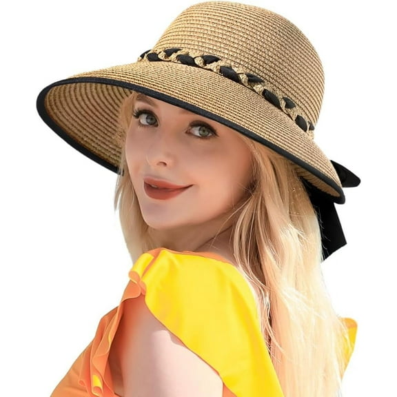 Beach Sun Straw Hats for Women, UPF 50 UV Sun Protection Wide Brim Summer Straw Hat Foldable Packable Roll up Cap