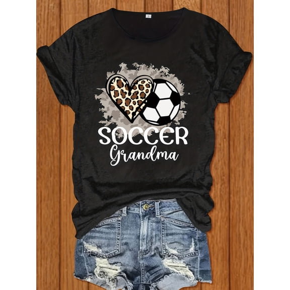 Soccer Grandma Leopard Heart Graphic T-Shirt Women's Casual Short Sleeve Sports Fan Tee Retro Style Black Top
