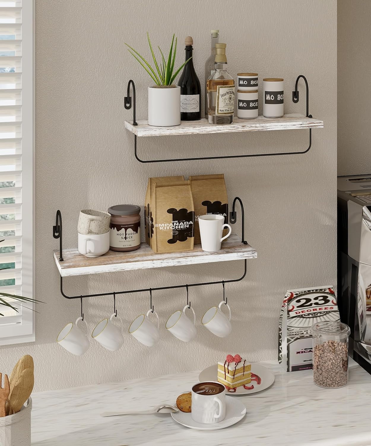 Afuly Wall Shelf with Hooks, Solid Wood Coffee Mug Holder Coffe Bar Organizer, Wall Mounted Farmhouse Kitchen Storage Rack ( 16", Set of 2, White)