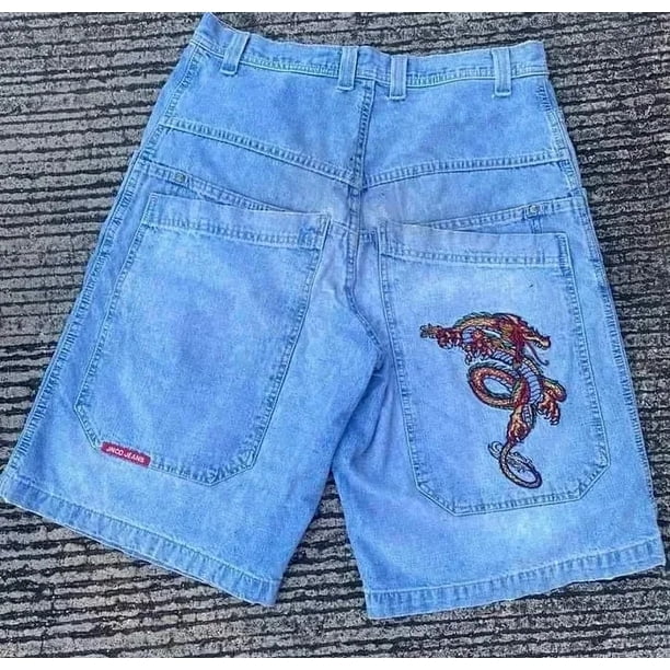 Pantalones cortos de mezclilla holgados con estampado de alas góticas para hombre, pantalones cortos de mezclilla con patrón de gran tamaño, moda popular de calle alta, verano de los años 2000, y2k