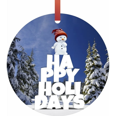 Round Snowman (Happy Holidays Typography - Snowman Flat Round - Shaped Christmas Holiday Ornament - Made in the)