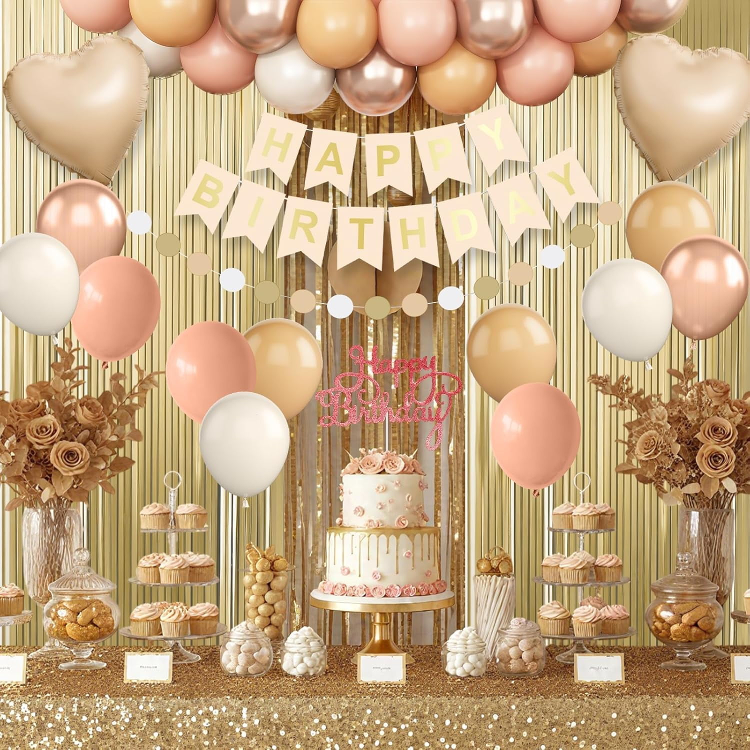Beige Birthday Decorations,Happy Birthday Banner with Cream Nude Champagne Gold Balloon Heart Foil Balloons Fringe Curtain for Women Men  Baby Shower Party Decor