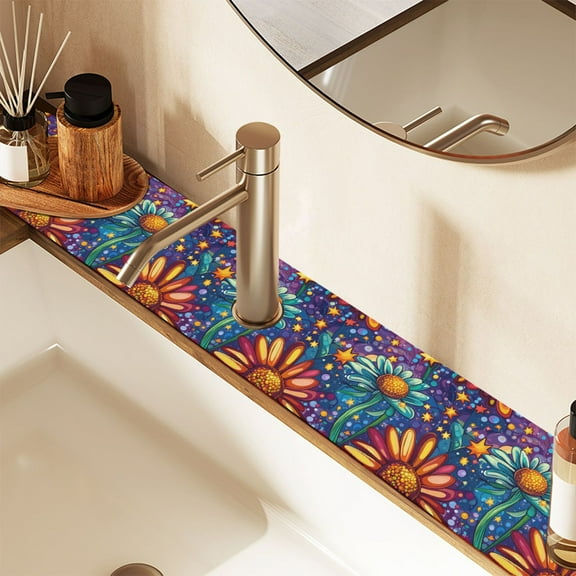 Faucet Mat for Kitchen Sink 30'' Sink Splash Guard Mat Super Absorbent Fast Drying Drain Pad Cartoon Flower and Star 2 Pack