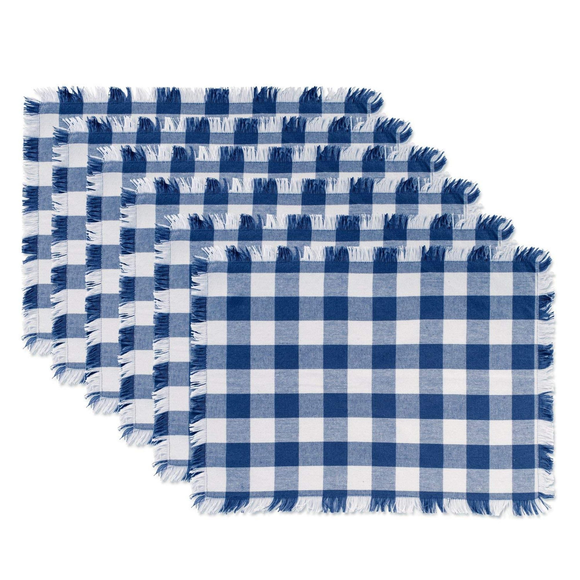 Set of 6 Navy Blue and White Heavyweight Check Fringed Placemats 19