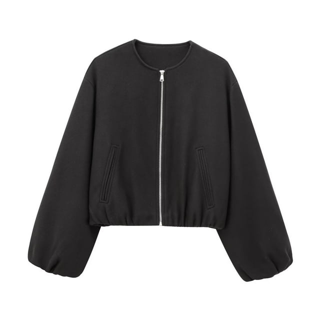 JGGSPWM Vestes Bomber Courtes Unies pour Femmes Mode Tendance Décontractée Manteau Sans Col à Fermeture Éclair Veste Courte d'Automne Noir G