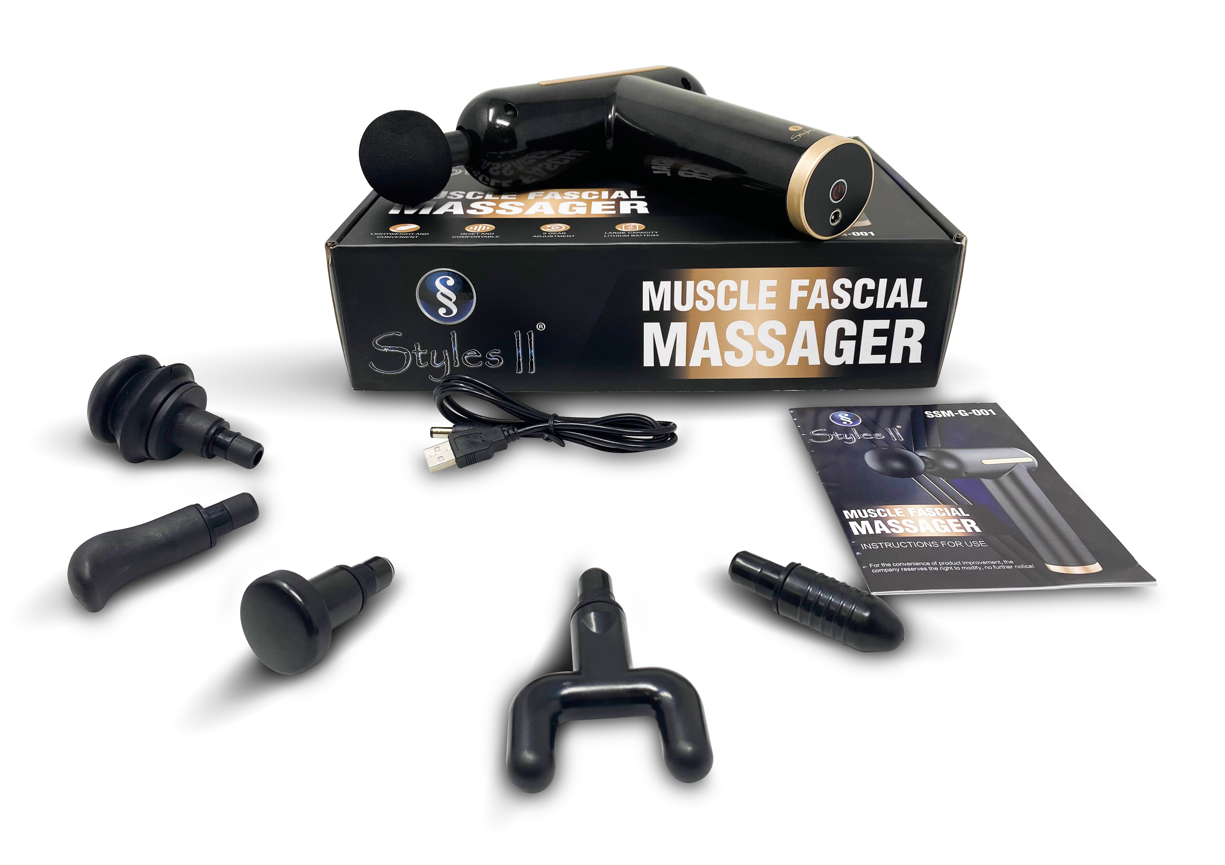 Styles II Deep Tissue Muscle Massage Gun 5 Speeds USB Rechargeable Percussion Massager with 6 Massage Heads