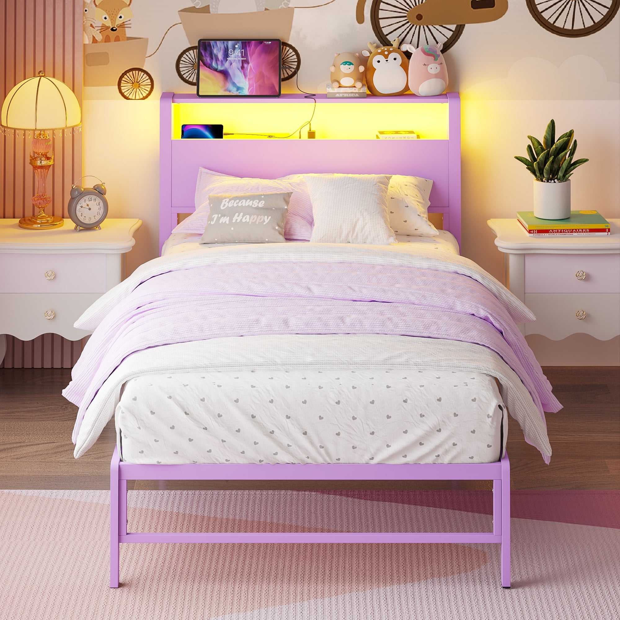 Yoneston Power Outlet LED Light Twin Metal Platform Bed Frame with 2-Tier Storage USB Charging Station Headboard for Kids Girls Teens Child, Purple