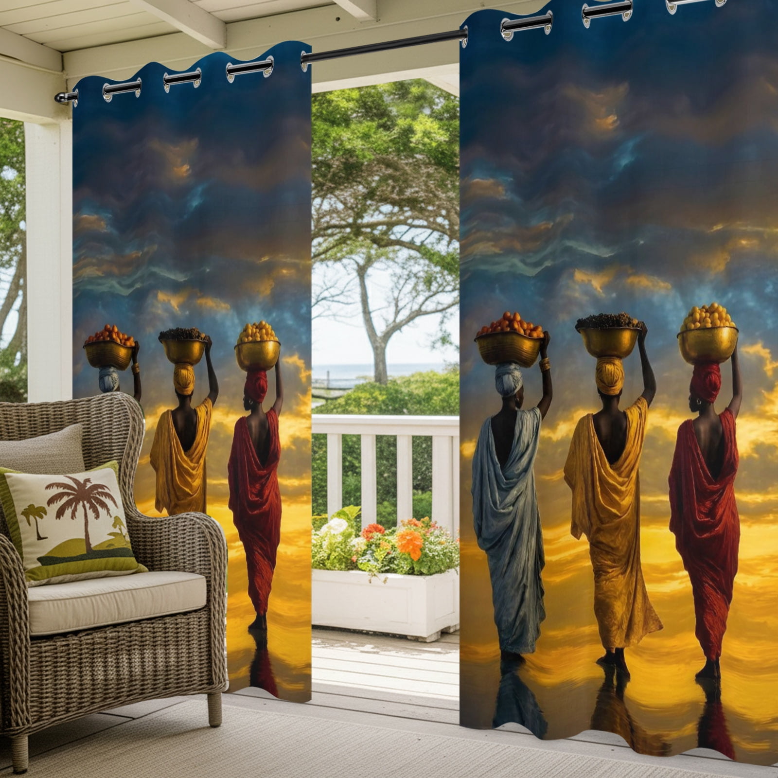 Three Black Women Outdoor Curtains for Patio, Red Yellow Green African Coastal Sunshade Privacy Drapes Grommet Waterproof Outside Curtains for Porch/Cabana/Balcony 54"x 108", 1 Panel
