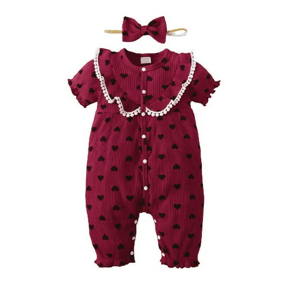 Mikrdoo Newborn Baby Girls Clothes Bubble Heart Print Single Breasted Design Romper With Headband 2Pcs Romper Set Red 6-9 Months