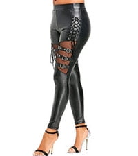 Women’s Faux Leather Lace-Up Leggings – High Waist Gothic Pants with Mesh Panels and Buckle Straps