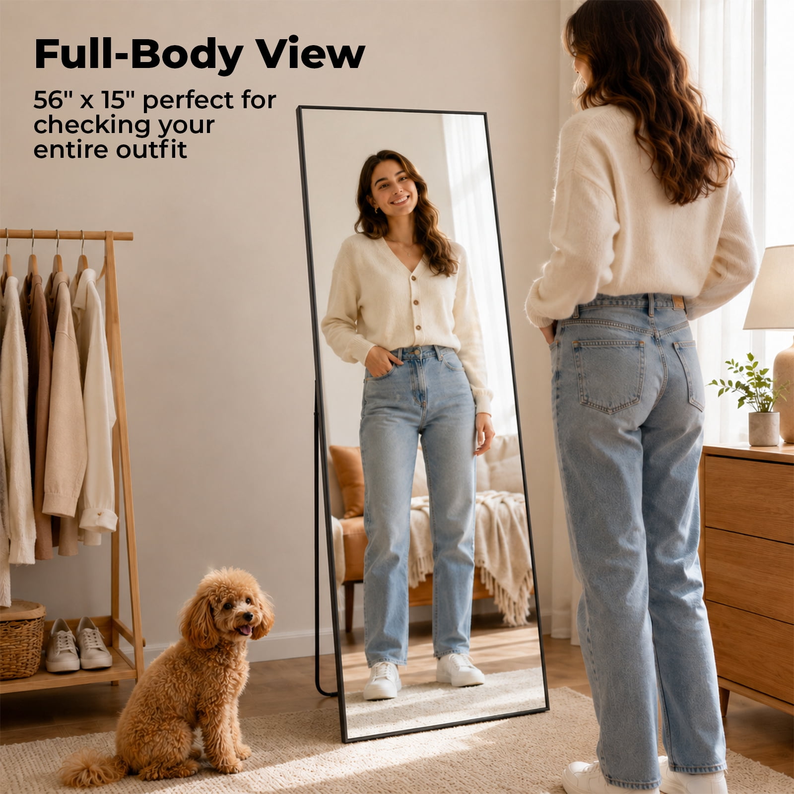 Alvantor 56"x15" Mirror Full Length Full Body Mirror with Stand, Shatterproof Tempered Glass, Modern Aluminum Alloy Frame, Free Standing or Leaning for Home Decor