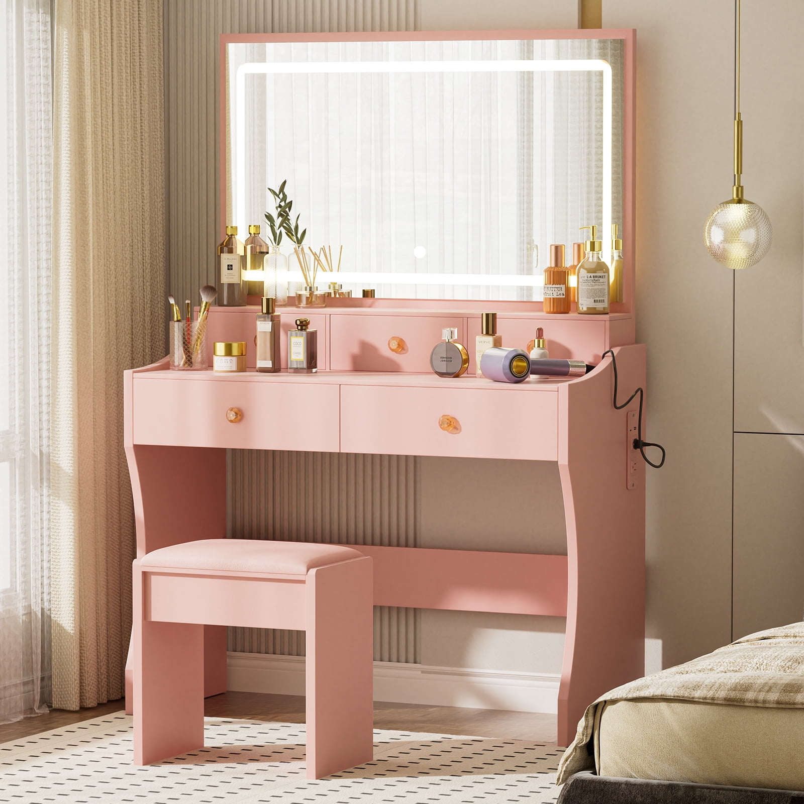 LUCKLIFE Pink Vanity Desk with Mirror and Lights, 5 Drawers & Charging Station, Vanity Table and Chair Set