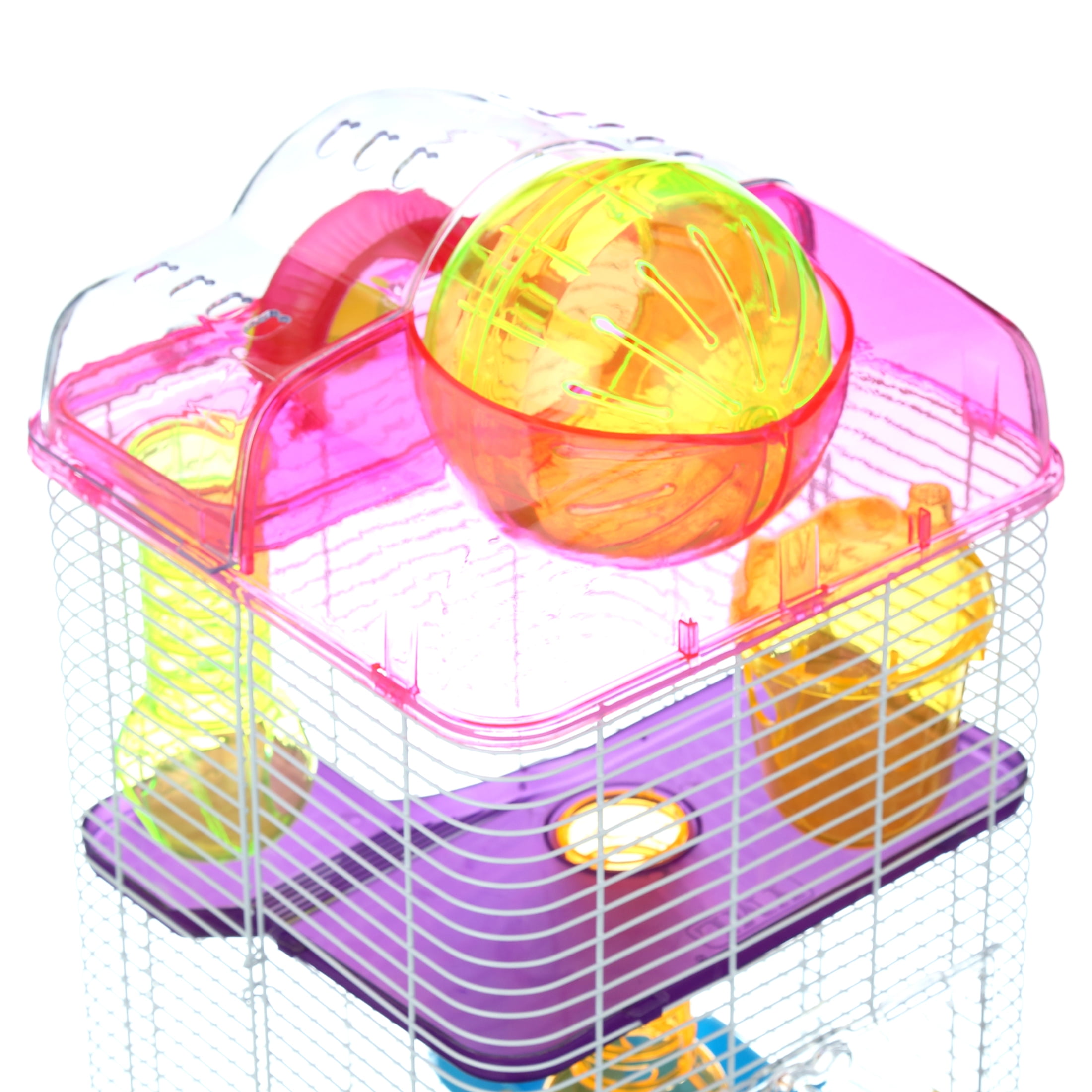 YML 3-Level Clear Plastic Dwarf Hamster Mice Cage with Ball on Top, Pink