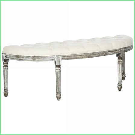 Semi-Circle End of Bed Bench with Tufted Design & Rubberwood Legs | Off White | Polyester
