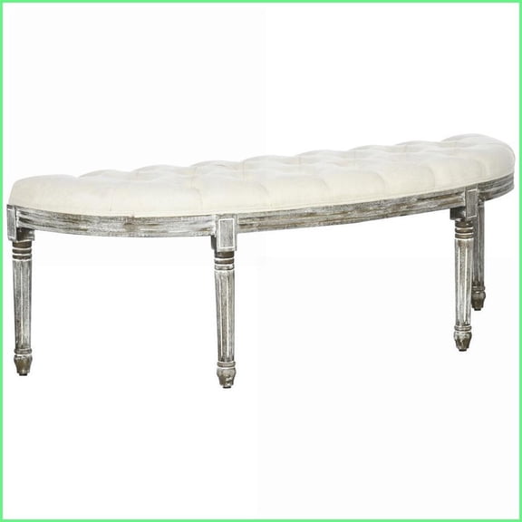 Semi-Circle End of Bed Bench with Tufted Design & Rubberwood Legs | Off White | Polyester