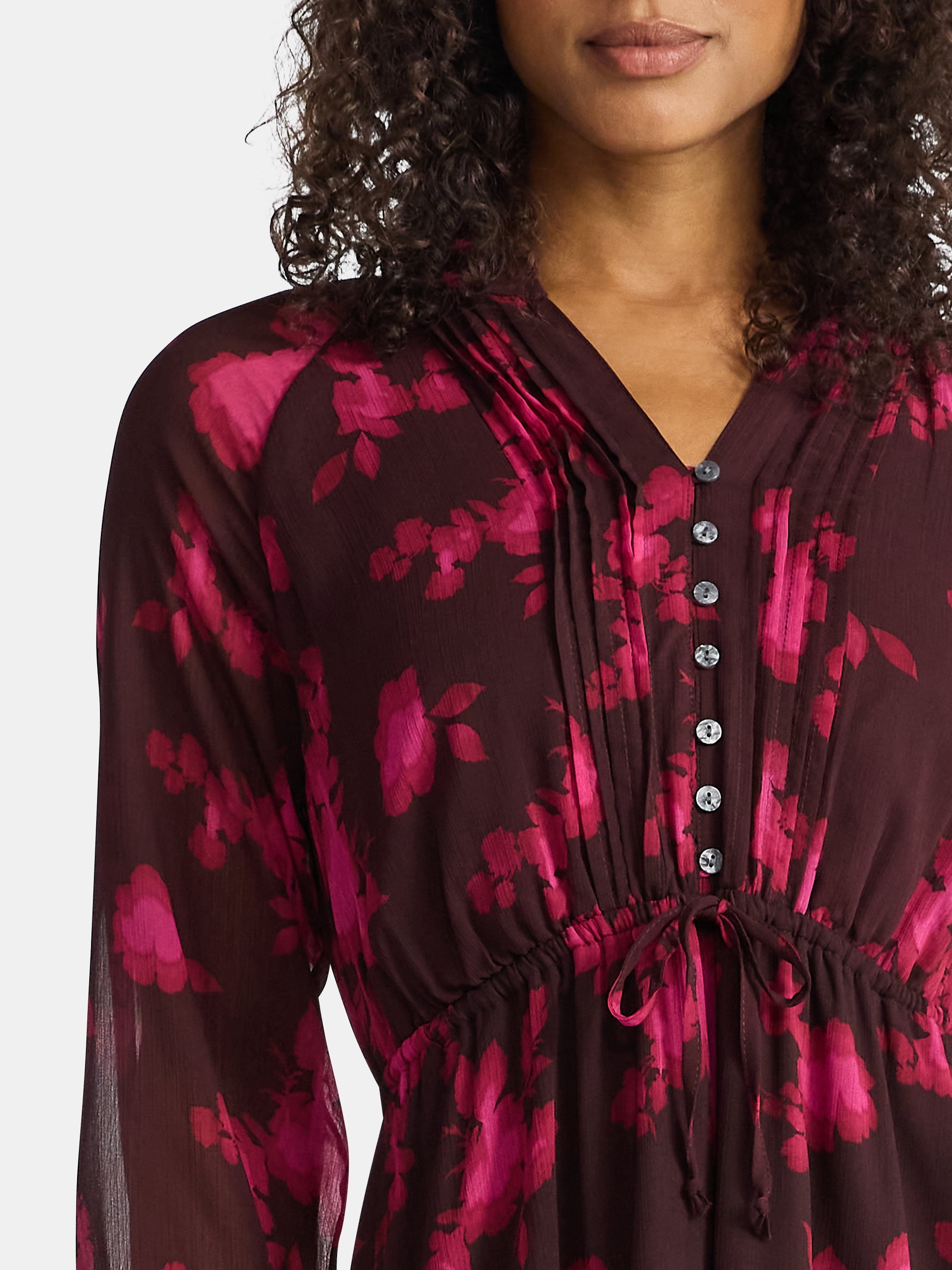 Time and Tru Women's Pintuck Midi Dress with Long Sleeves, Sizes XS-XXXL