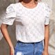 thumbnail image 5 of Mujer Cuello Redondo Top Mangas Cortas Puff Hueco Jacquard Color Puro Ajuste Suelto Camiseta De Verano Blanco S, 5 of 8