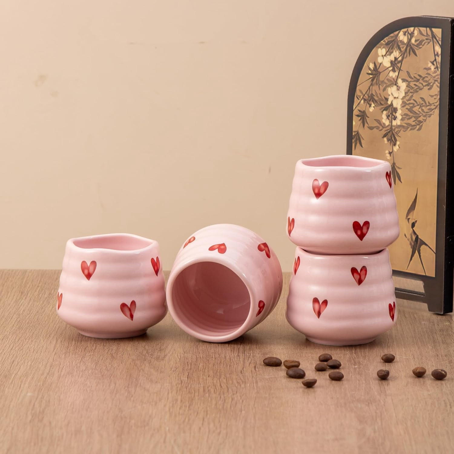 4 Pack 5oz Handless Ceramic Mini Coffee Mugs, Cute Heart‑Pattern Espresso & Matcha Tea Cups, Small Handcrafted Drinking Cups, Microwave & Dishwasher Safe for Coffee Tea Lovers & Gifts