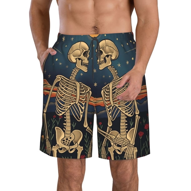 Balery Romantic Skeletons Under Moon Traje de Baño Estilo Hawaiano para Hombre, Shorts de Secado Rápido con Bolsillos-Medium