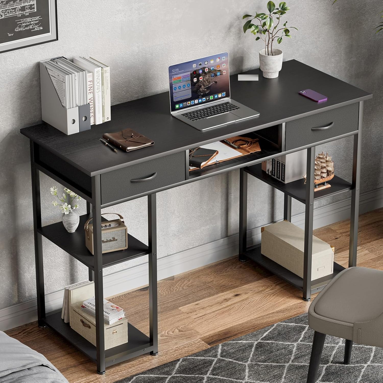 48 inch Computer Desk with Drawers, Modern Study Writing Table with Storage Shelves for Bedroom Home Office, Black