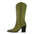 thumbnail image 3 of FSJ Women Pointed Toe Embroidered Mid Calf Boots Side Zipper Stacked Chunky High Heels Comfortable Outdoor Cowboy Boots Size 7.5 Olive Green, 3 of 6