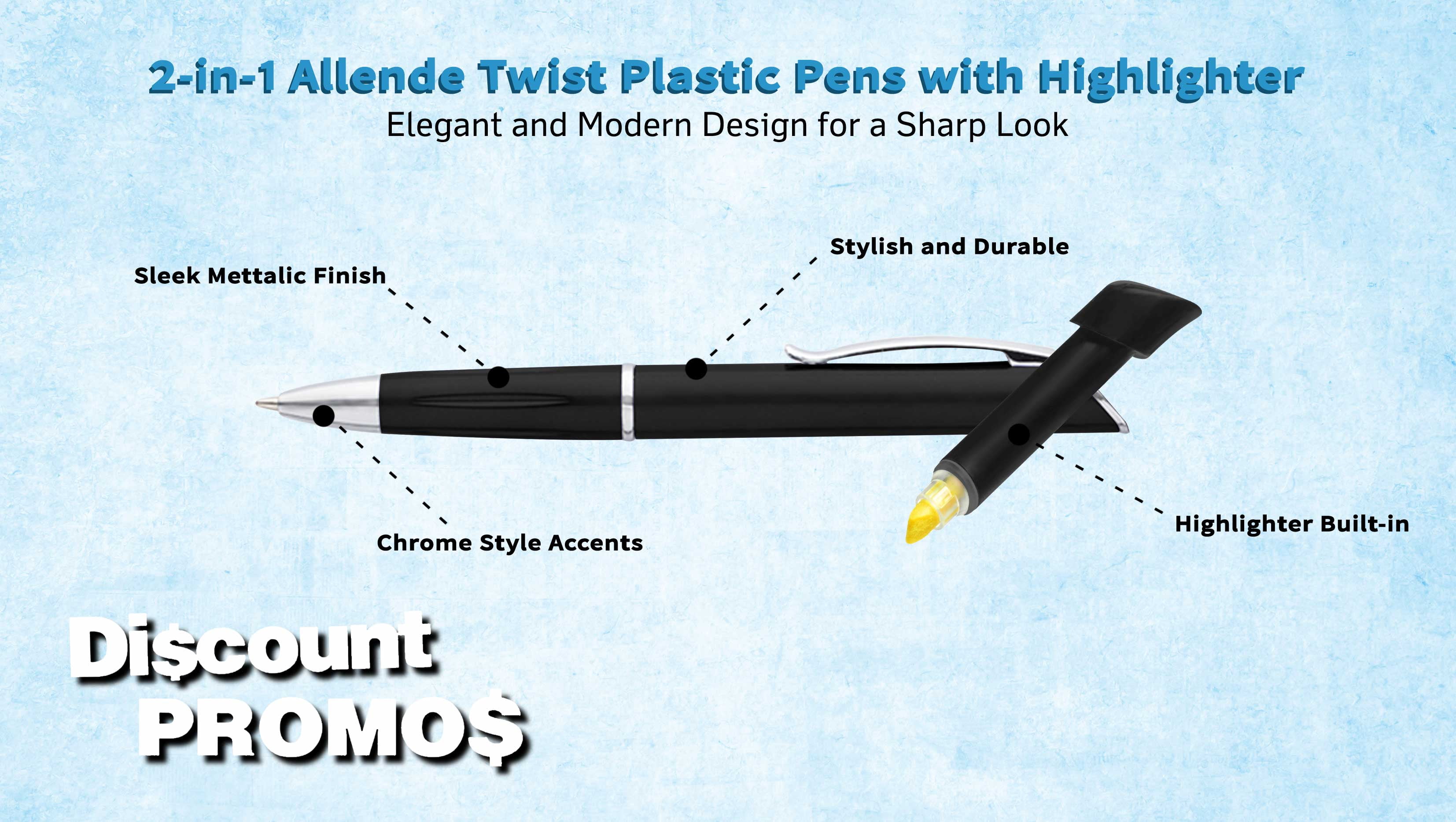 10 Allende Twist Plastic Pens with Highlighter Pack - Stylish, Durable, Black Ink - Black