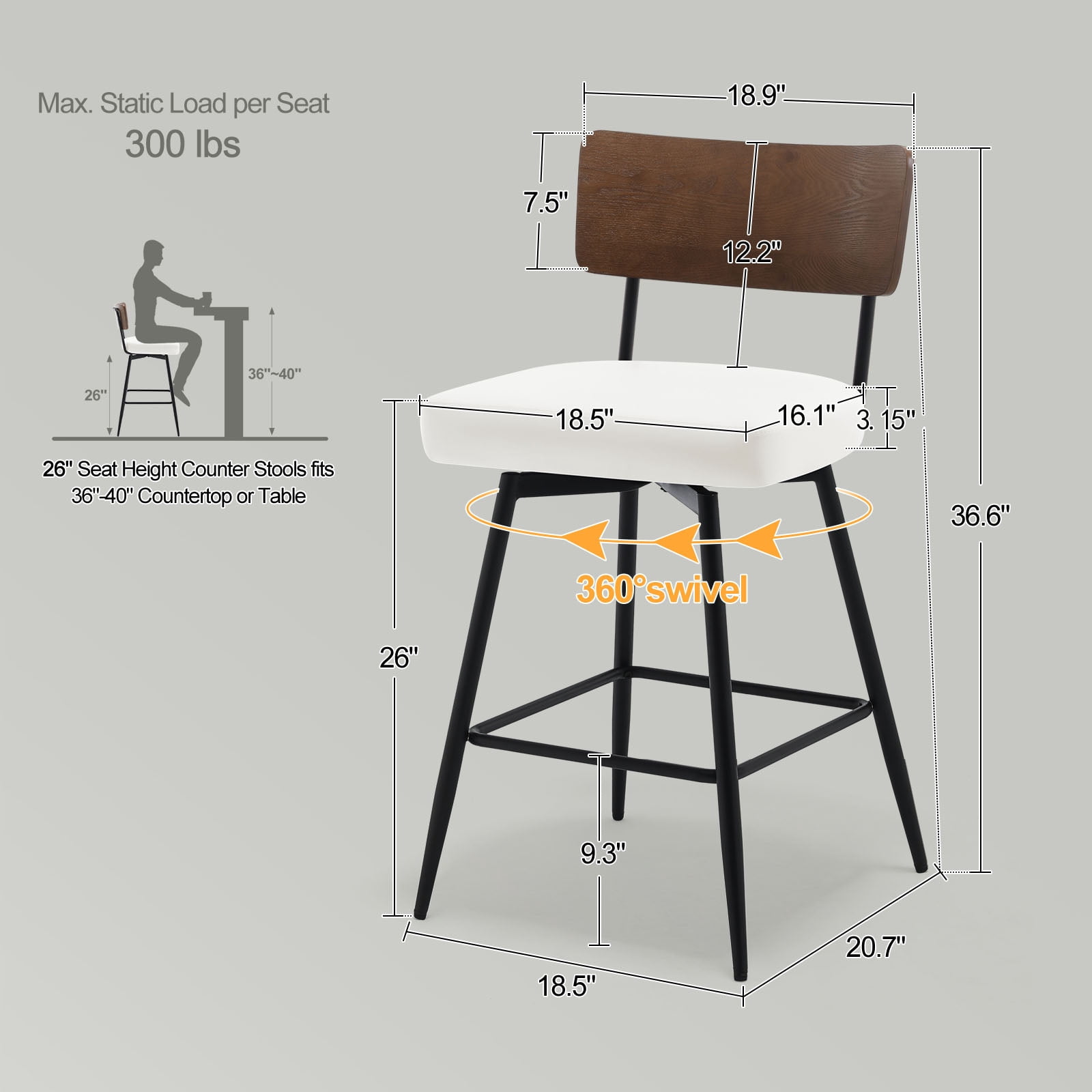 Foreate Swivel Bar Stools, 26" Counter Height Set of 4 with Wood Mid Back, Modern Mid Century Leather Bartools Upholstered Bar Chair for Kitchen Island Dining Room Office
