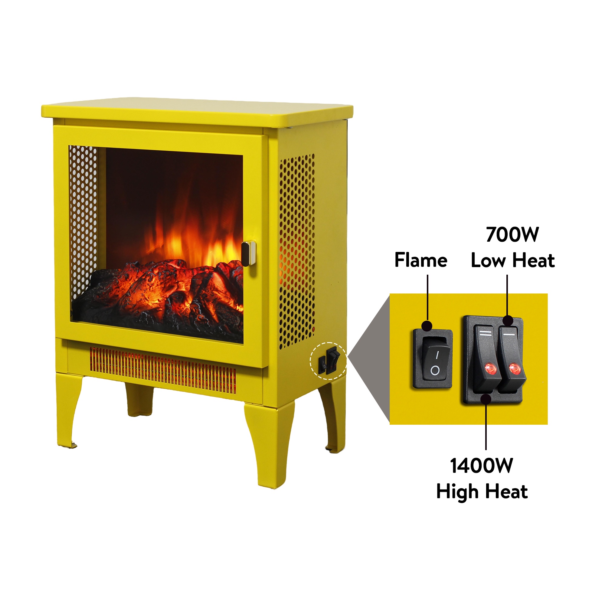 Electric Fireplace Heater, Legahome 16'' Freestanding Fireplace Heater Stove, 3D Realistic Flame Effects, Adjustable Brightness and Heating Mode, Overheat Protection, CSA Certified, Yellow