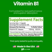 HealthFare Vitamin B1 100mg | 60 Vegan Capsules | Thiamine Supplement for Energy & Nervous System Support | Non-GMO, Gluten-Free | Made in the USA