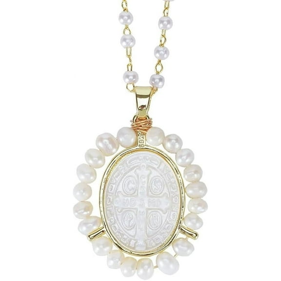 Pearl Cross Crucifix Symbol Miraculous Medal Necklace,Religious Faith Necklace Women
