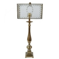 A&B Home Candlestick Table Lamp with See-Through Crisscross Pattern Rectangular Shade - Antique Brass, Pearl Finish - Clear Shade