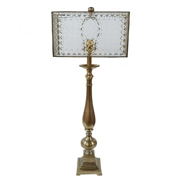A&B Home Candlestick Table Lamp with See-Through Crisscross Pattern Rectangular Shade - Antique Brass, Pearl Finish - Clear Shade