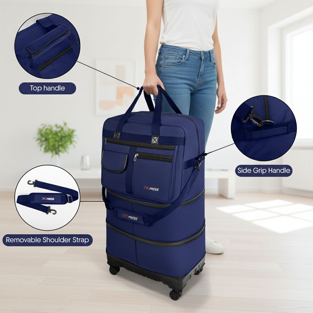 36" Expandable Foldable Suitcase Bag Large Collapsible Rolling Luggage Bag for Storage, Moving & Abroad Travel, Navy, JM